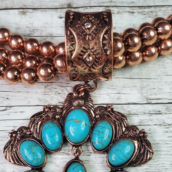 copper turquoise squash blossom necklace - Picture 3 of 5